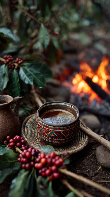 Cup of coffee on a woven mat with coffee beans and a campfire in the background